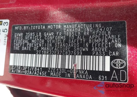 2007 Toyota Corolla Le from USA, damaged, VIN 2T1BR32EX7C837699